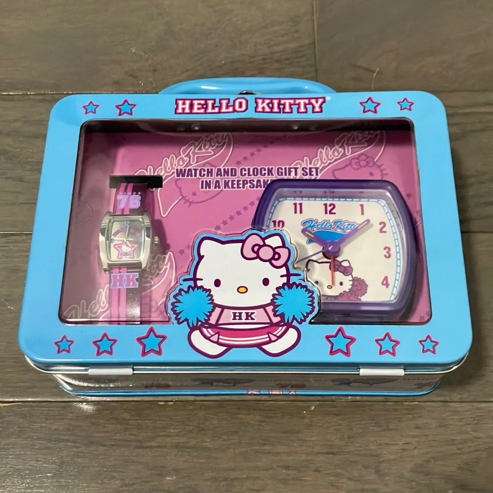 NIB Y2K Vintage 2002 Hello Kitty Cheerleader Watch and Clock Set in Keepsake Tin - Picture 1 of 8